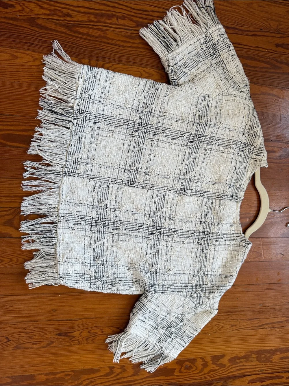 Cream and Black Fringed Plaid Tweed Textured Top